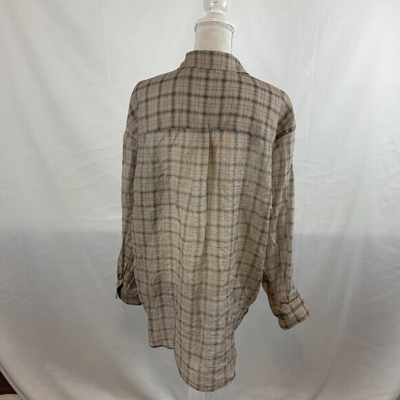 & Other Stories Blouse US 12 Beige Black Plaid Button Front Long Sleeve - Picture 7 of 12